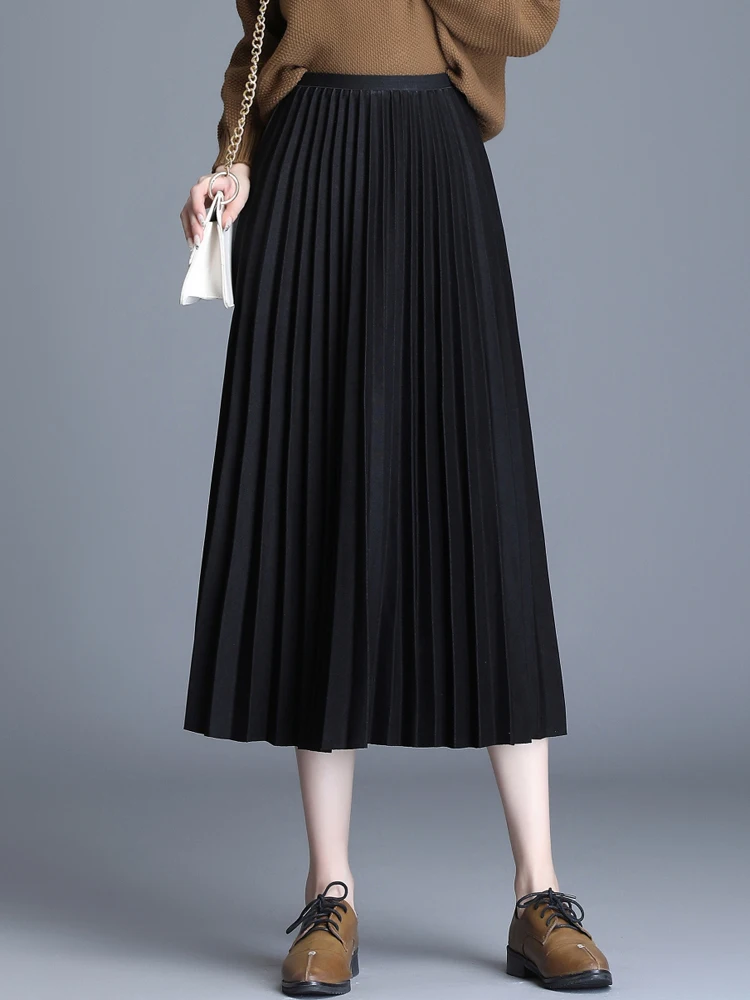 

2020 Atumn Women Elegant Pleated Skirt High Waist Women Mid-long Skirt Female Ladies High Quality Women Midi Skirt Black Saia