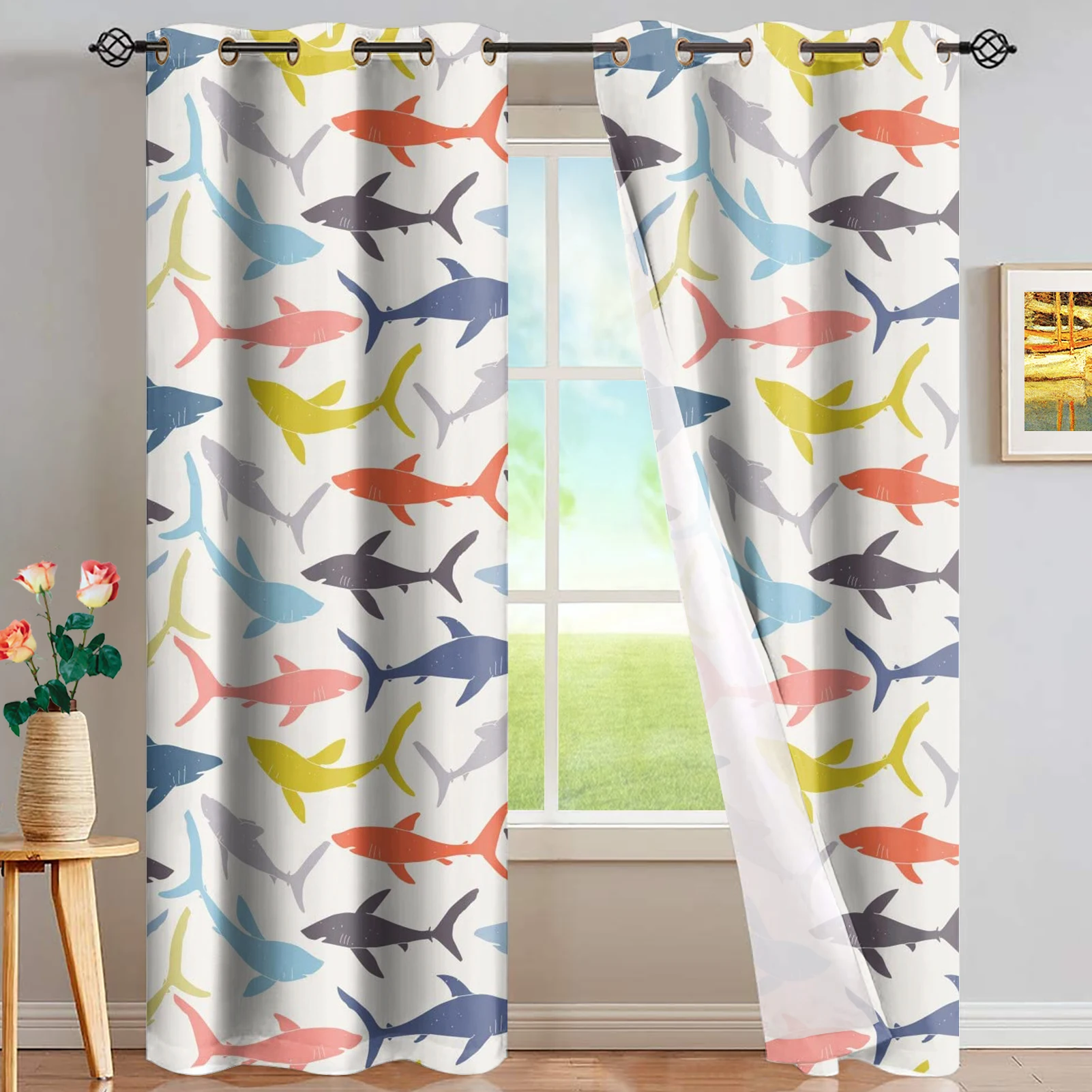 

Симпатичные шторы с принтом акулы для детской комнаты Симпатичные синие шторы для комнаты мальчика девочки полузатемняющие шторы для детс...