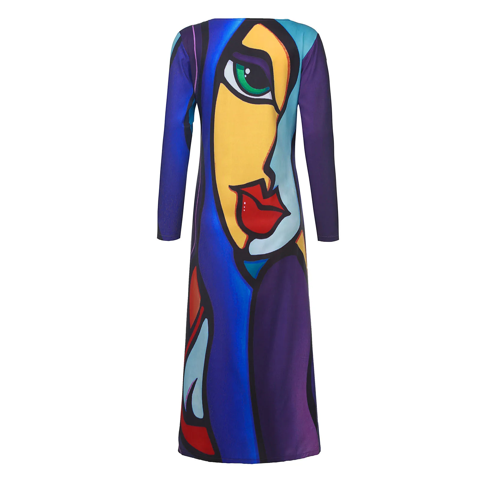 

None Women Clothing Autumn Dresses Floor Length Casual Polyester Dress For Girls 2021 Full O-neck Creative Pattern Loose Dresses