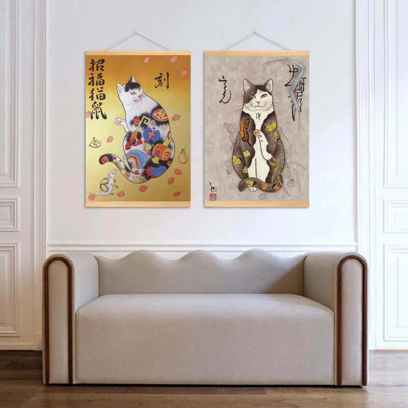 Тату в японском стиле плакаты с котом самурая рамен ностальгия холст живопись