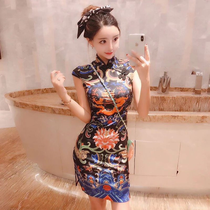 Традиционное китайское ханьфу с принтом Тотем Cheongsam сексуальное Ретро Ципао