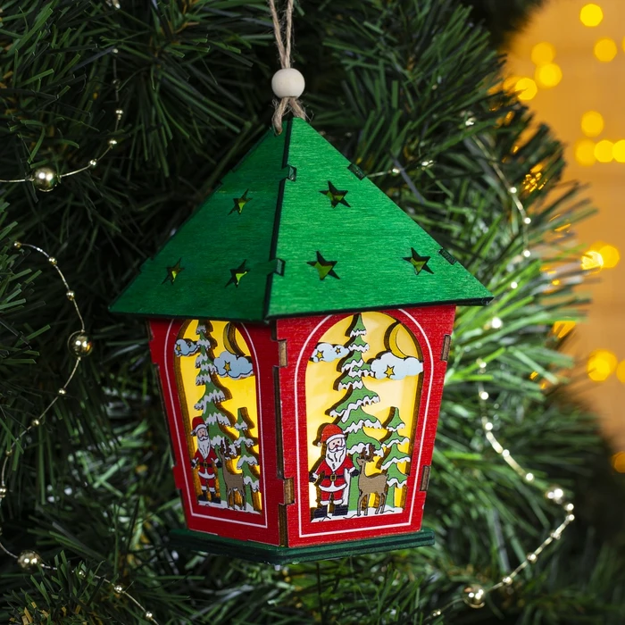 Подвеска световая цветная &quotДомик и Дед мороз&quot 12х8х8 см 1 LED бат(в комп) Т/БЕЛЫЙ