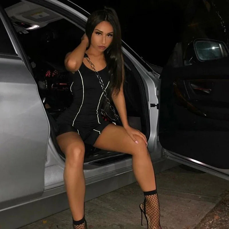 Женский облегающий светоотражающий комбинезон в полоску без рукавов с открытой