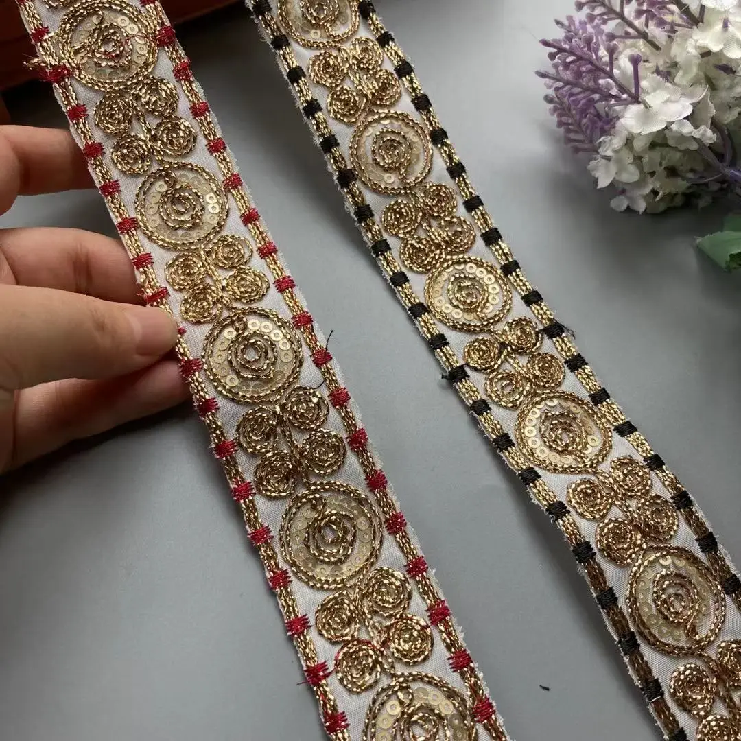 

2 Yards Ethnic 35mm Gold Thread Sequins African Lace Trims Geometric Lace Ribbon DIY Sewing Dress Decoration Bridal Lace New
