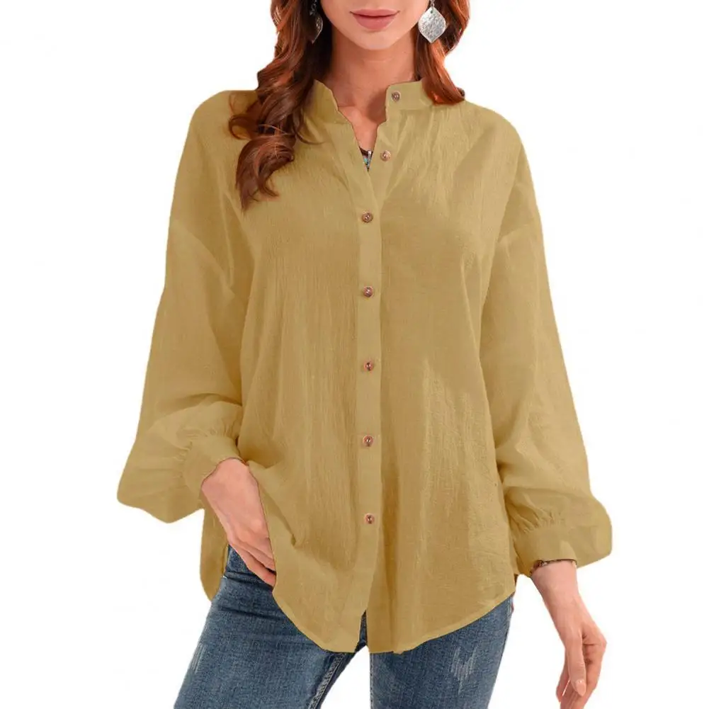 

fashion women blouses 2021 Women Blouse Long Sleeve Breathable Stand Collar Pure Color Shirt Streetwear рубашка женская