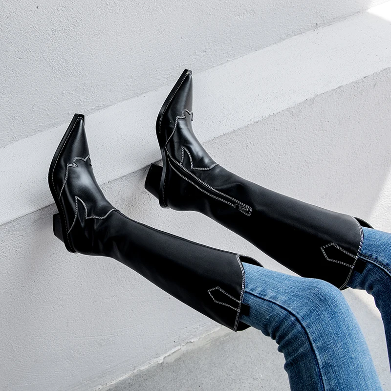 

WETKISS Knee High Western Boots Women High Heels Boot Female Cow Leather Shoes Ladies Pointed Toe Sewing Shoes Women Winter 2020