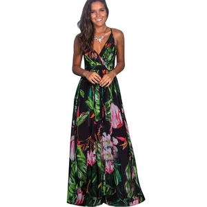 Vestido largo bohemio de hojas de jungla tropical Impresión para flor Vestido largo bohemio de hojas de jungla tropical Impresión para flor