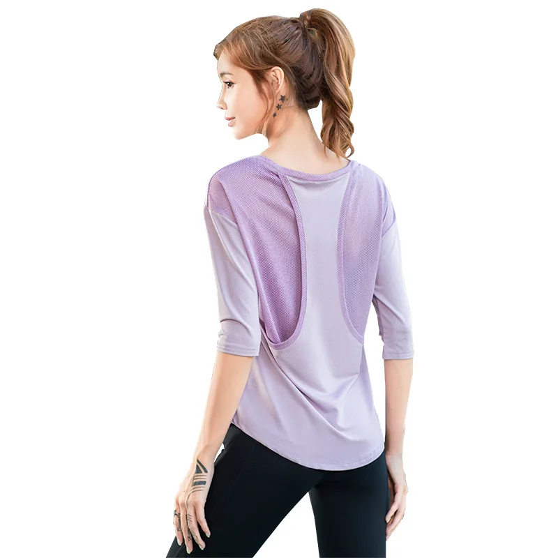 Фиолетовый белый сетчатый дышащий Топ для женщин с коротким рукавом Женский йоги