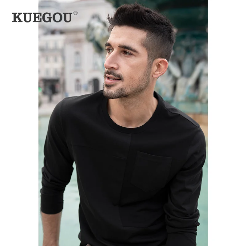 

KUEGOU 100% Cotton Spring Men‘s T-shirt Long Sleeve Fish Print Single Chest Pockets Patchwork Tshirt Fashion Top Plus Size 88064