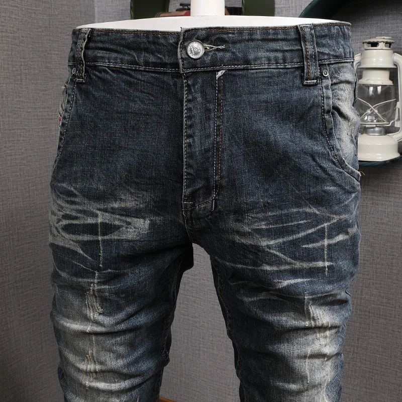 Italian Vintage Fashion Men Jeans Retro Blue Slim Fit Ripped Jeans Men Elastic Casual Denim Pants Streetwear Hip Hop Jeans Homme