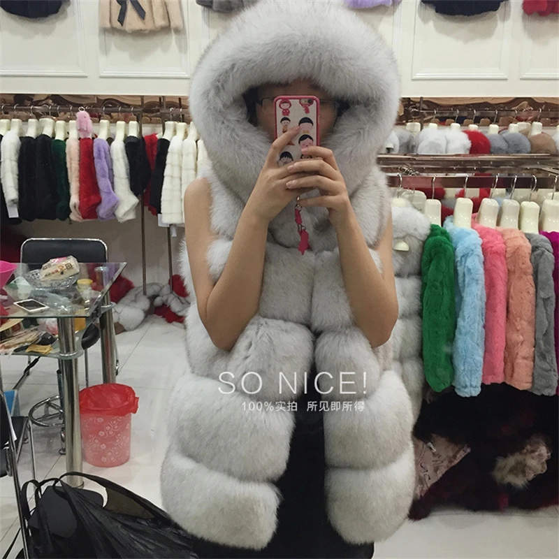 

YOSICIL S-4XL Female Hooded Fur Coat Autumn Winter Thick Warm Faux Silver Fox Fur Vest Women High-Grade Cappa Fashion Cardigan