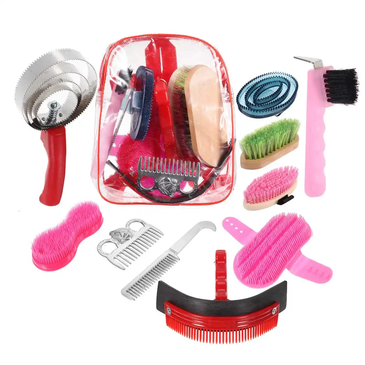 

10pcs Horse Grooming Tool Set Cleaning Kit Mane Tail Comb Massage Curry Brush Sweat Scraper Hoof Pick Curry Comb Scrubber