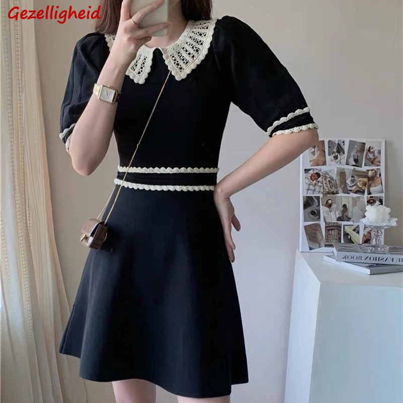 

Gezelligheid 2021 Autumn Winter Runway Fashion Elegant Casual Puff Sleeve Knitted Party Prom High Waist A-Line Solid Midi Dress