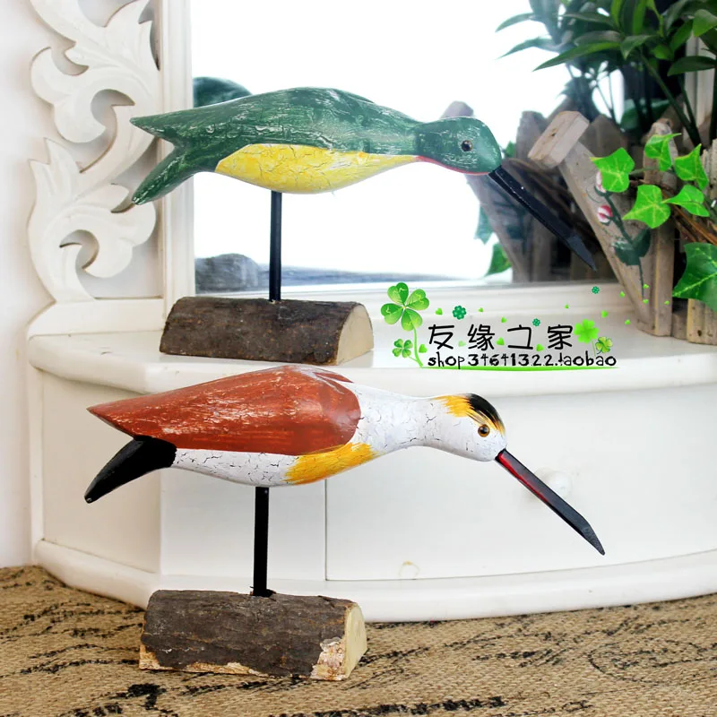 

QIQIPP 2PCS Bird with long beak, home wood carving ornaments, wood carving bird, cracked paint, log carving