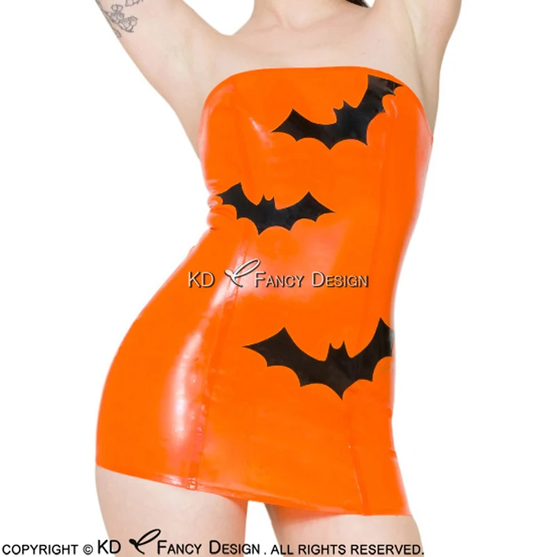 Verkauf Orange Mit Schwarz Fledermäuse Dekoration Sexy Liebsten Latex Gummi Bleistift Kleid Bodycon Overall LYQ-0041