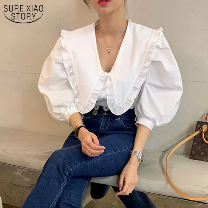 

Женская одежда с пышными короткими рукавами, милая белая рубашка с воротником «Питер Пэн» и оборками, корейские женские свободные блузки и ...