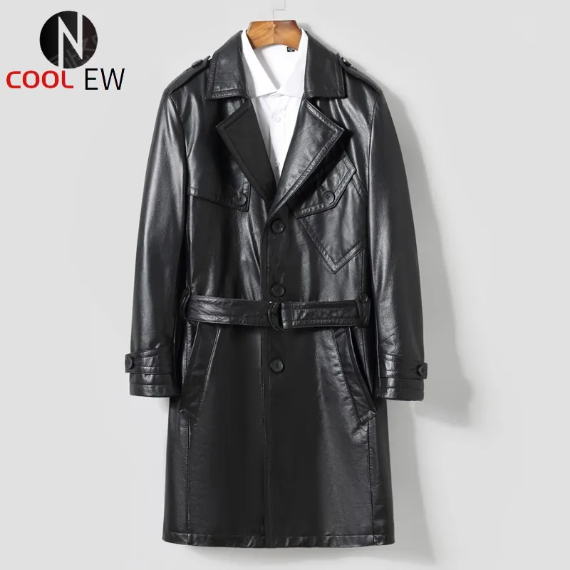 

New Fashion Men Cow Leather Jackets Windbreaker Black Sashes Belt Genuine Leather Long Coats Autumn Slim Fit Cowskin Trench