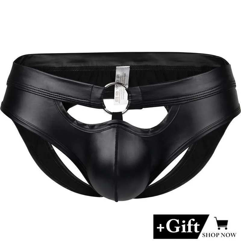 

Sexy underwear men Temptation Erotic panties Patent leather men sexy briefs Breathable Hollow Panties Valentines Men Gift Thongs