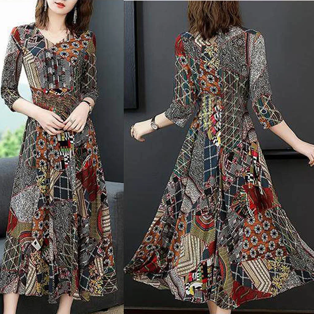 Maxi Dresses For Women Casual Loose V-Neck Three Quarter Sleeve Long Vintage Ladies Floral Print A-line Dress Sukienka | Женская одежда