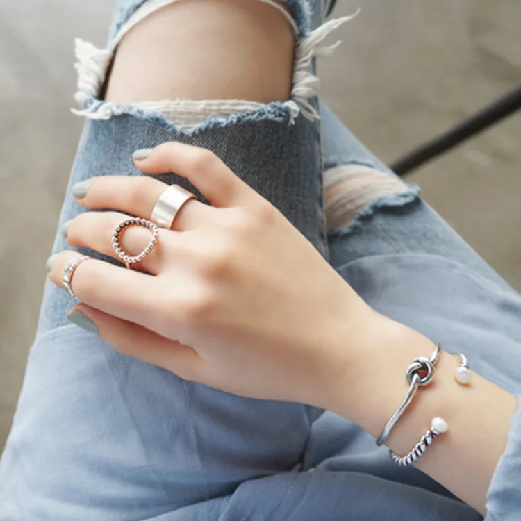 

S925 Sterling Silver Simple Design anillos Vintage Silver Color Joint Rings Sets for Women Jewelry Korean Version Joint Rings