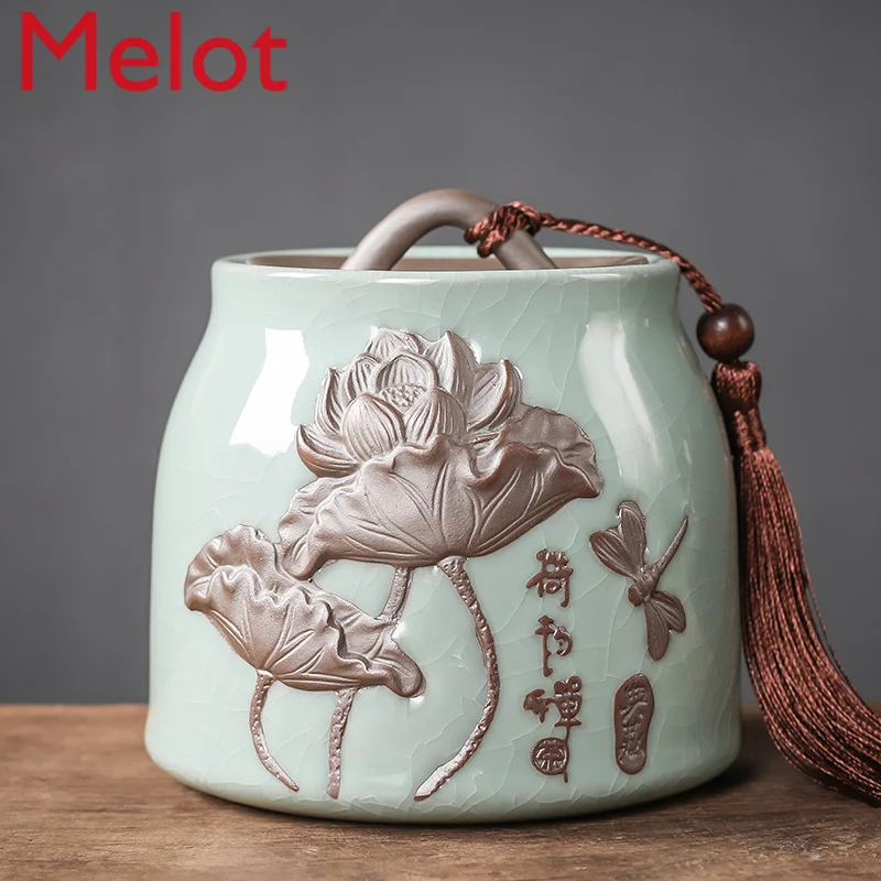 

Ge Kiln Tea Jar Ceramic Sealed Can Large Pu'er Tea Storage Box Tea Jar Moisture-Proof Household Tea Tins Canister Set Kitchen