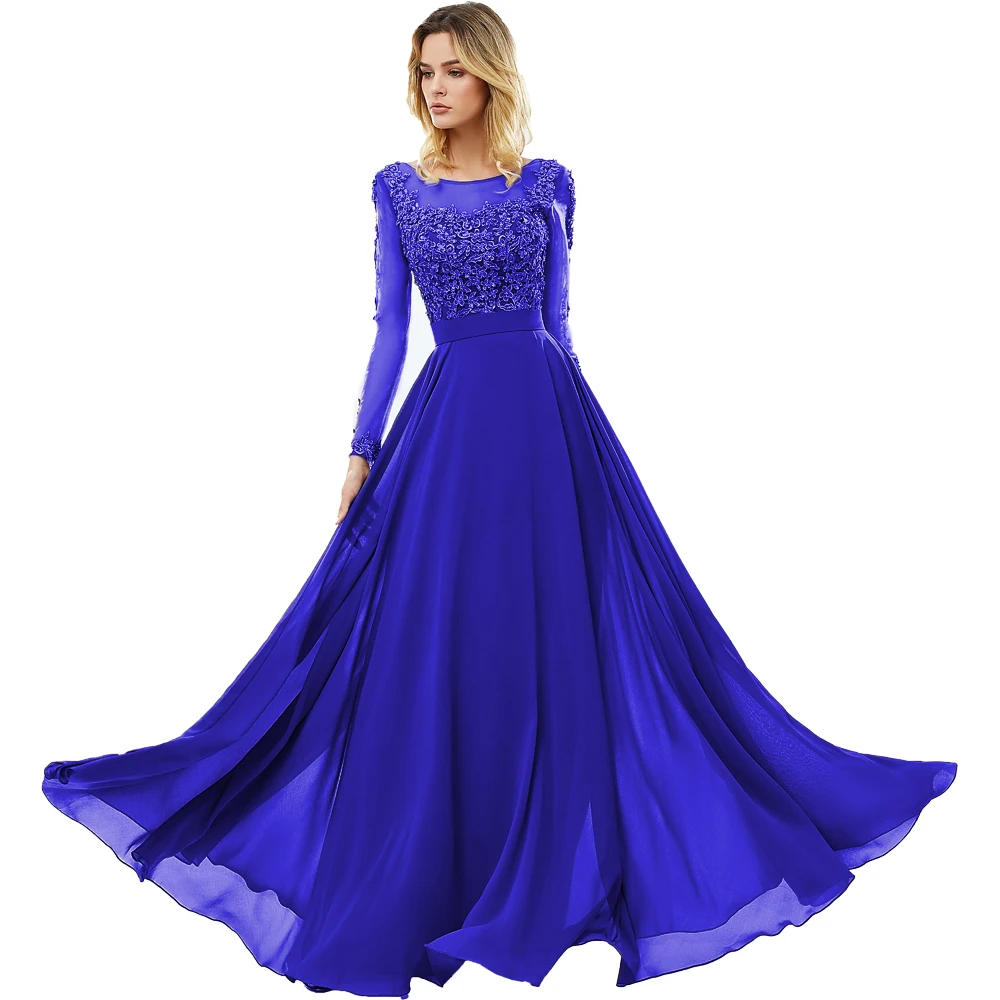 Синий Vestido de festa, серое шифоновое длинное вечернее платье, сексуальное, с открытой спиной, с длинными рукавами, кружевное платье для выпускного вечера, Vestido Longo - Цвет: Синий