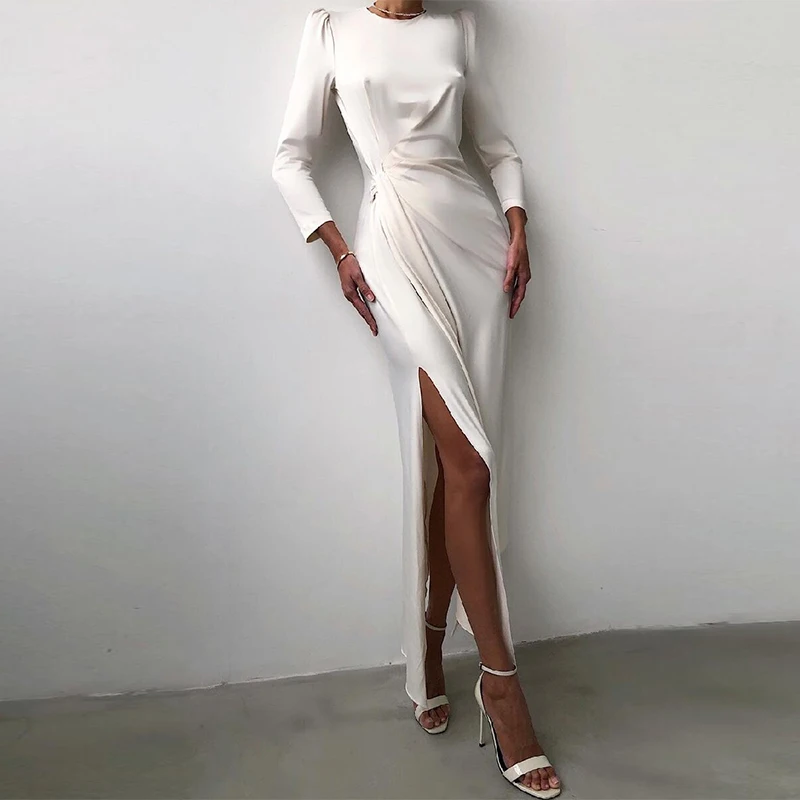 

Fashion New Autumn Long Sleeve Lady Satin Dress Solid Elegant O Neck Women Long Dress Sexy Lace-Up Draped High Split Party Dress