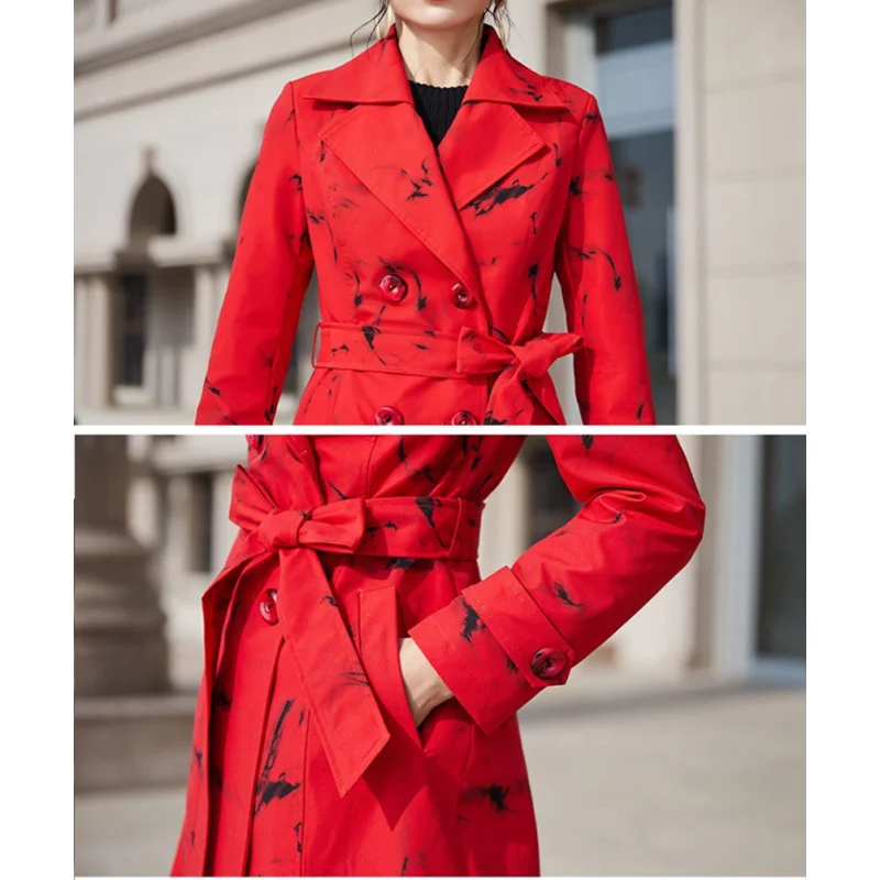 Тренчкот женский длинный с отложным воротником модная верхняя одежда красным