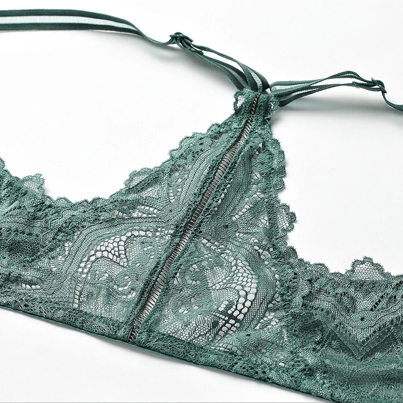 Кружевной бюстгальтер с вышивкой и трусики пуш ап застежкой спереди комплект