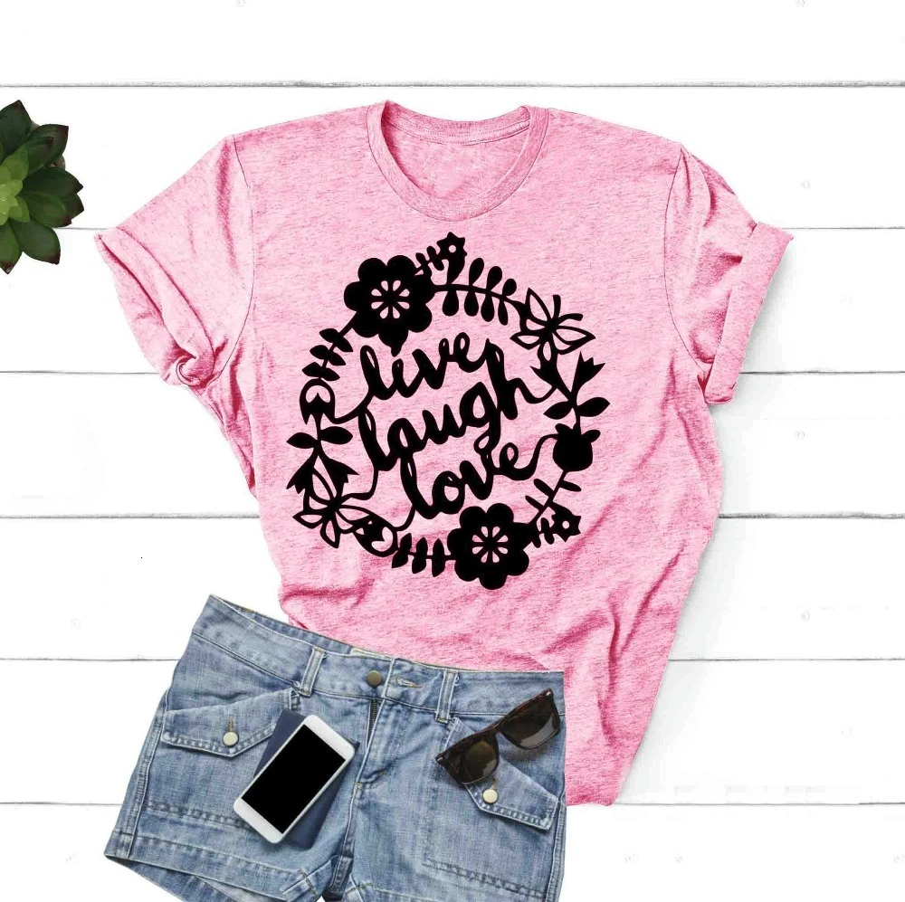 

Live Laugh Love Shirt Flower Wreath Shirts Inspiring Quotes About Love Womens Graphic Tee aesthetic harajuku tshirt- K346