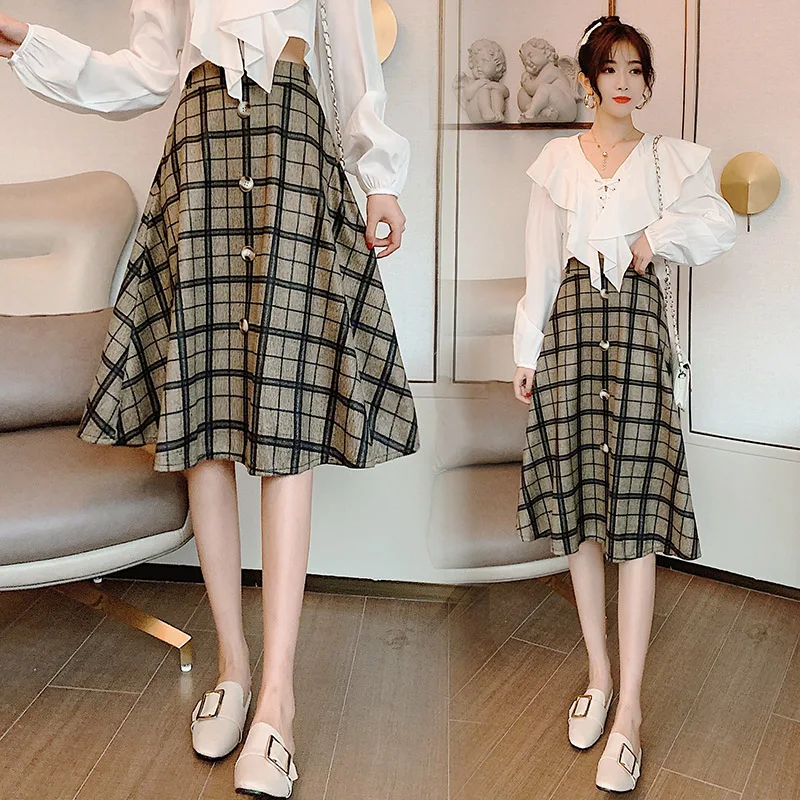 

Woolen plaid skirt for fall/winter new style high waist slimming female student mid-length A-line skirt