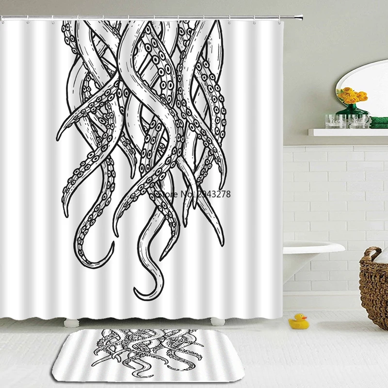

2Pcs/Set Octopus Shower Curtains Set Mat Bathroom Waterproof Bath Curtains With Rectangle Non-slip Floor Mat