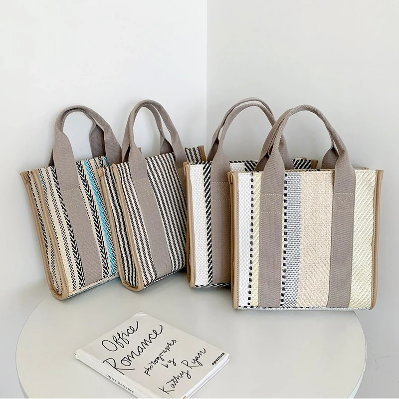 

Women's Mini Tote Bag Weave Handbag 2021 Girl Shopper Purse Fashion Casual Hong Kong Style Retro Contrast Stripes Top Handle Bag