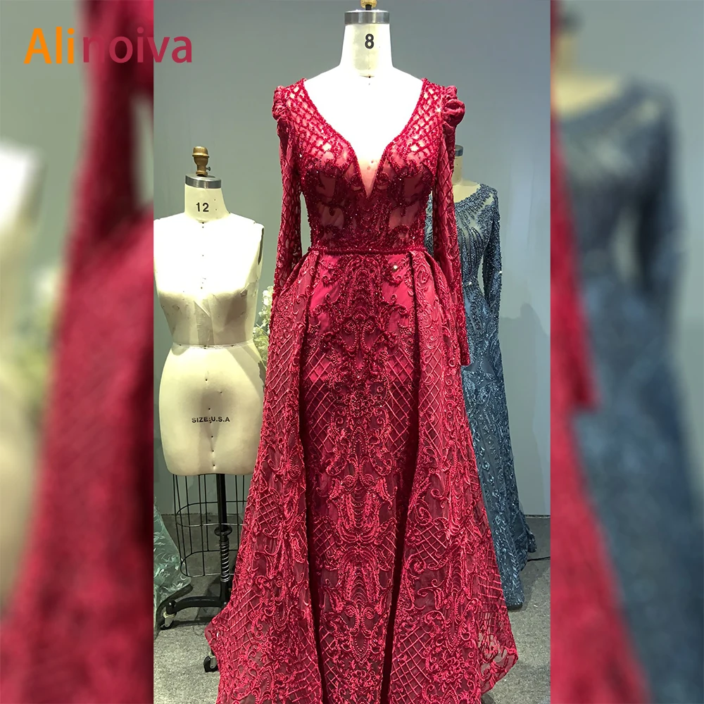 

Dubai Full Lace Evening Dress for Women 2021Mermaid V-neck Long Sleeves Crystal Handmade Arabic Formal Party Gowns