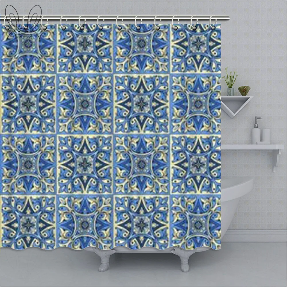 

Moroccan Shower Curtain Tile Pattern with Portuguese Traditional Azulejo Motifs Oriental Curls Bathroom Curtains Decor Shower