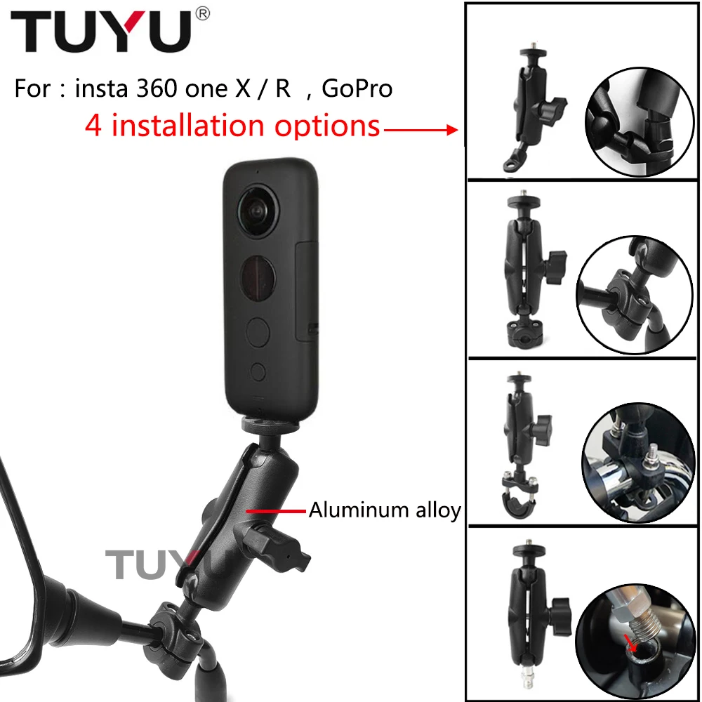 TUYU Motorcycle Bike Camera Holder Handlebar Mirror Mount Bracket 1/4 Metal Stand For insta 360 one X R GoPro MAX Hero Accessory |