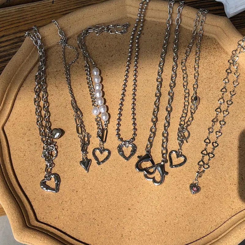 Kpop винтажное металлическое серебряное ожерелье с черной любовью Женская цепочка