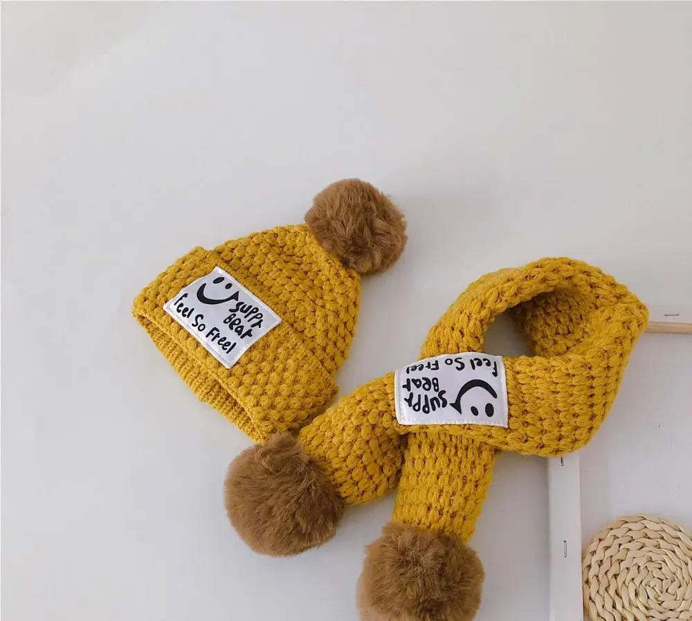 

Boys Girls Warm Beanies Caps Scarf Sets Fashion Cotton Baby knit Hat Scarf Autumn Winter Children Scarf-collar And Cap Set