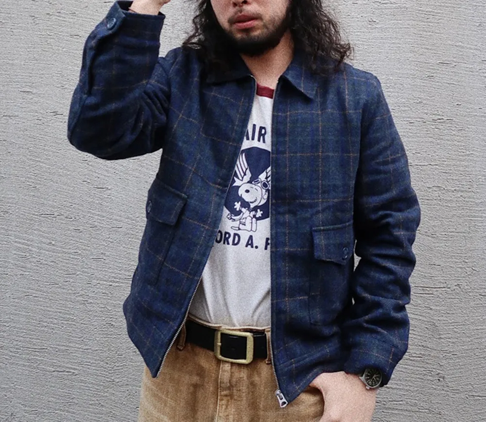 Мужская твидовая шерстяная куртка цветная клетчатая приталенная в стиле сафари