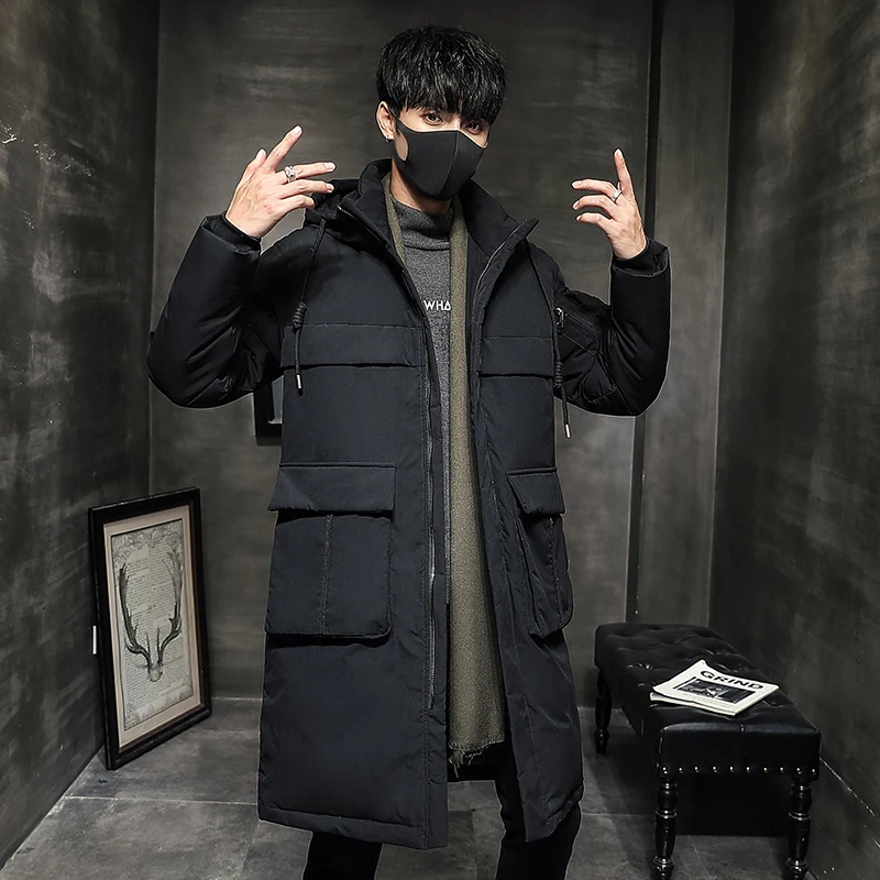 

Новое модное приталенное красивое пальто, Длинная зимняя трендовая Черная мужская одежда с капюшоном