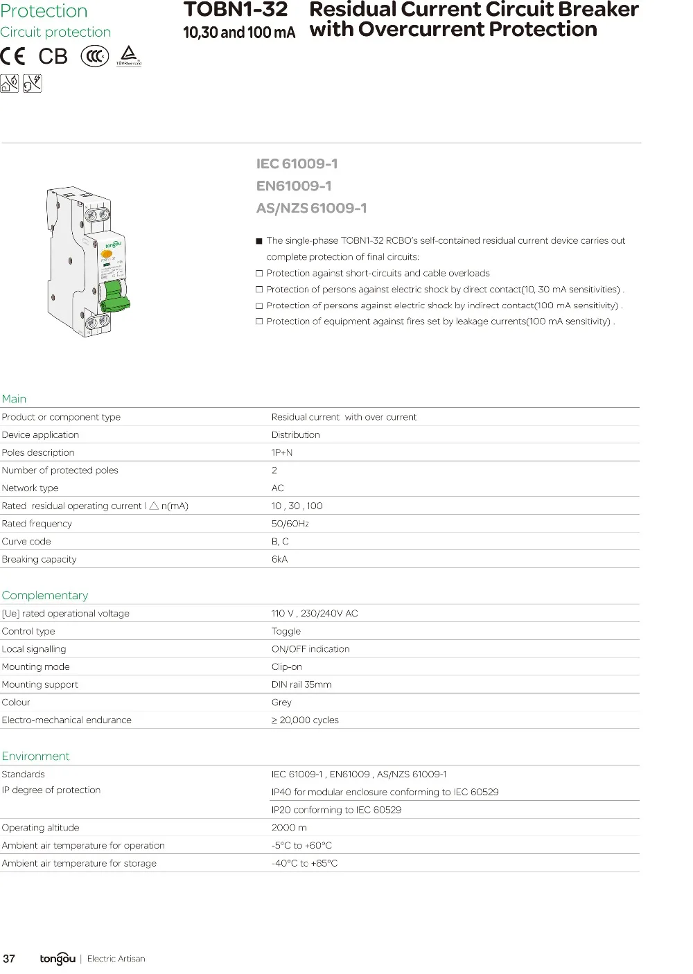 6KA 18 мм RCBO 6A-32A 30mA 1P+ N УЗО с защитой от перегрузки по току и утечки RCBO TOBN1-32