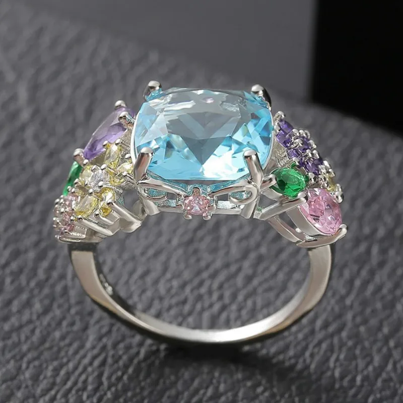 

Fashion Luxury Women's 925 Silver Multi-color Gemstone Square Princess Zircon Ring Engagement Wedding Gift Jewelry Ring