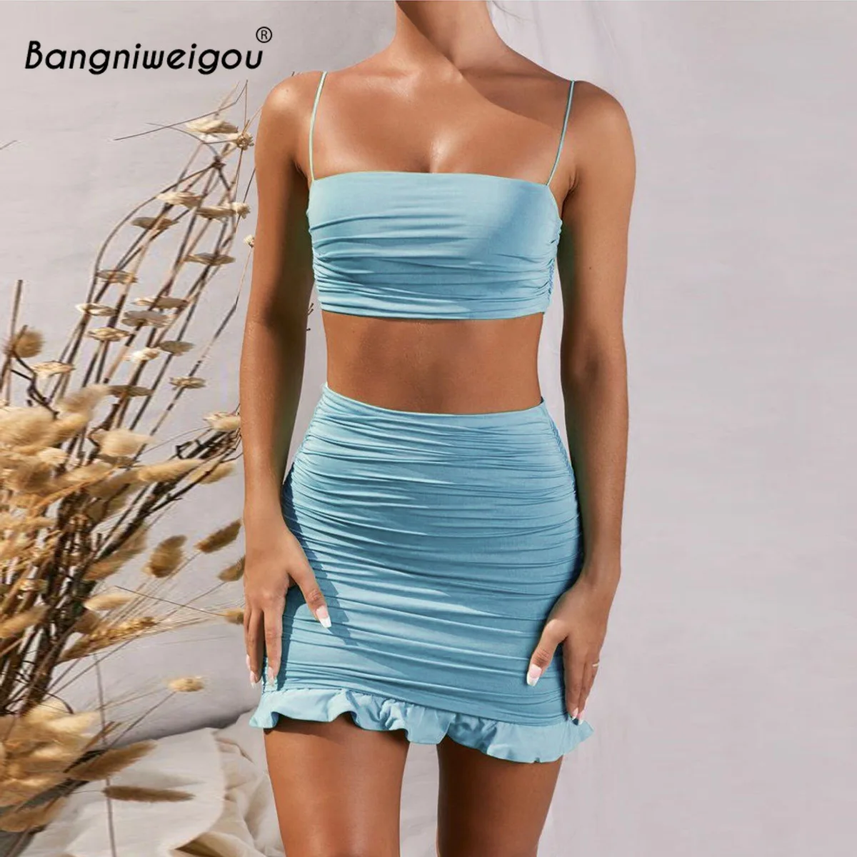 Женский комплект из топа и юбки с рюшами высокой талией| |