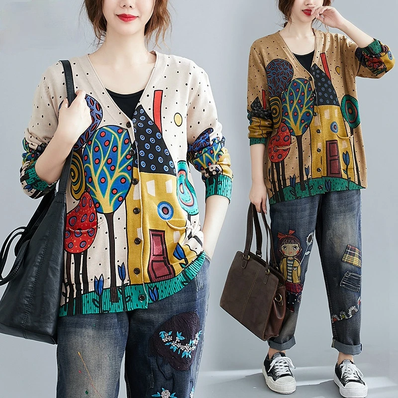 

Spring Fall Women Large Size Cartoon Print Knitted Sweaters Office Lady V-neck Vintage Oversized Casual Loose Cardigan Knitwear