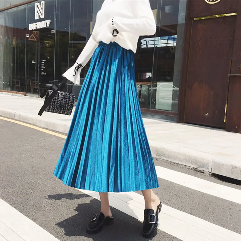

Autumn Spring Pleated Skirt Women Empire Solid Harajuku Peluche Skirts Mujer Elastic Waist Slim A-line Wrinkle Party Skirt