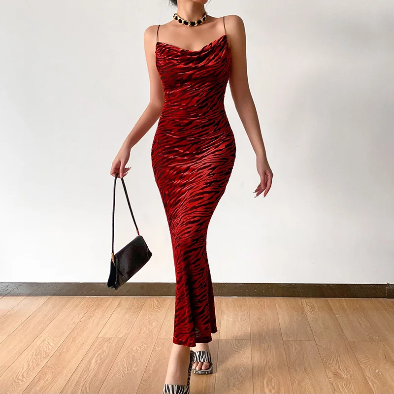 

Women New Style Velvet Jacquard Mesh Sling Halter Sexy Dress Elegant Spaghetti Strap Knitted Slim Backless Long Dresses Robe