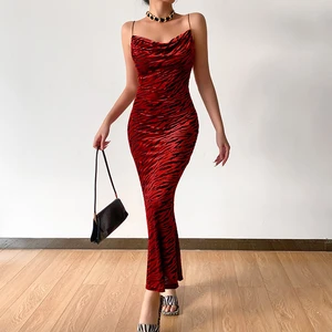 Women New Style Velvet Jacquard Mesh Sling Halter Sexy Dress Elegant Spaghetti Strap Knitted Slim Ba
