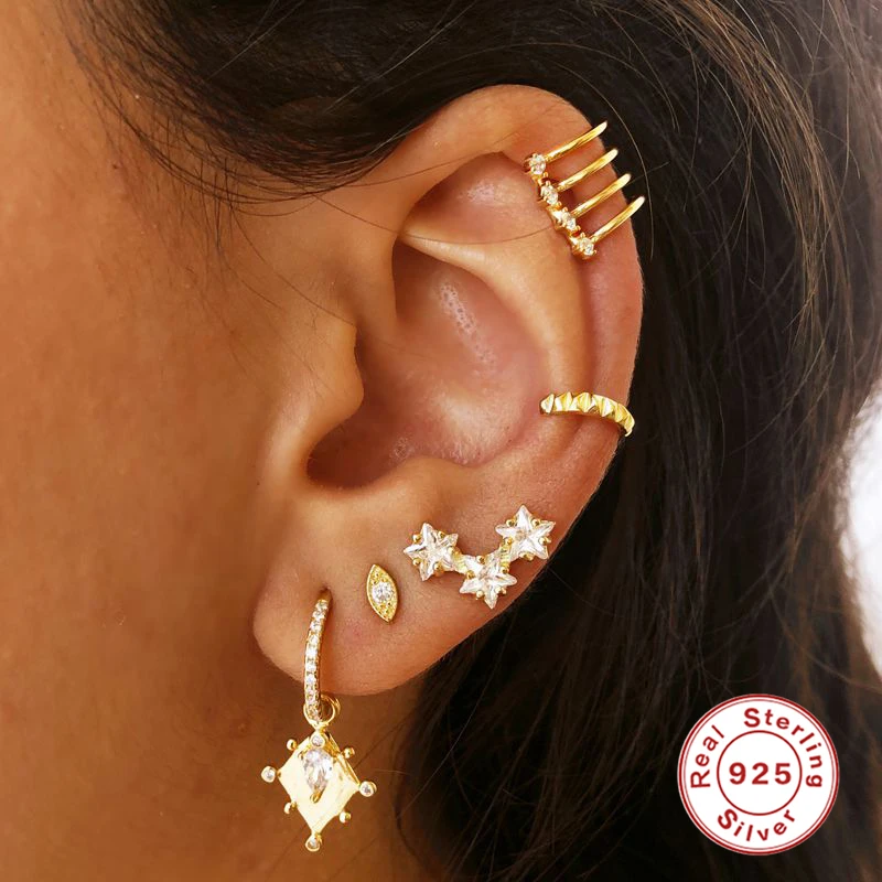 

Aide Real 925 Sterling Silver Drop Earrings For Women Silver Huggie Earring Crystal Zircon Moon Earings Jewelry for Party Gifts