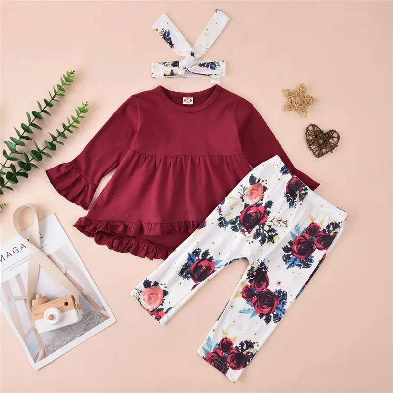 

18M-3T Baby Girl Fall Shirt, Pants Suit, Flower Leopard Printed Round Neck Long Sleeve, Girl Loose Trousers, Cute Bow Headband