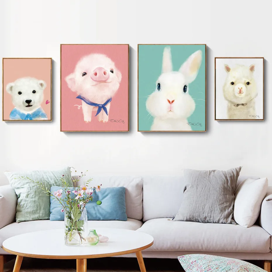 

Poster Cute Animals Pink Pig Green Rabbit Black Penguin Alpaca Canvas Painting Cartoon Wall Art Print For Nursery Home Decoratio